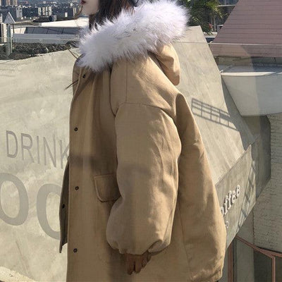 ファーフードミドル丈コットンジャケット﻿ 5684-khaki_お取り寄せ5684-画像9-韓国ファッション通販POPREA［ポップリア］