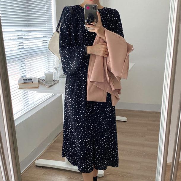 ドットプリントハイネックワンピース 5700-black_お取り寄せ5700-画像2-韓国ファッション通販POPREA［ポップリア］