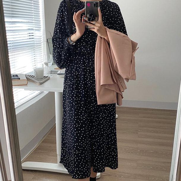 ドットプリントハイネックワンピース 5700-black_お取り寄せ5700-画像4-韓国ファッション通販POPREA［ポップリア］