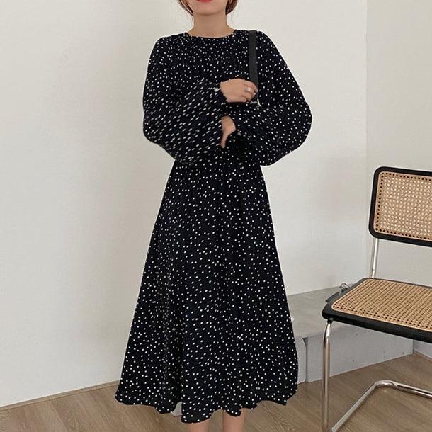 ドットプリントハイネックワンピース 5700-black_お取り寄せ5700-画像1-韓国ファッション通販POPREA［ポップリア］