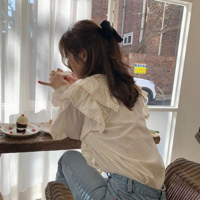 Vネックフリルブラウス﻿﻿﻿﻿﻿ 5786-ivory_お取り寄せ5786-画像3-韓国ファッション通販POPREA［ポップリア］