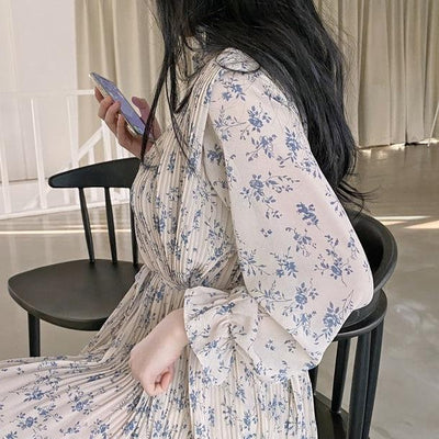 ハイネックプリーツフラワーワンピース﻿﻿ 5810-beige_お取り寄せ5810-画像2-韓国ファッション通販POPREA［ポップリア］