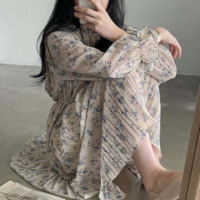 ハイネックプリーツフラワーワンピース﻿﻿ 5810-beige_お取り寄せ5810-画像3-韓国ファッション通販POPREA［ポップリア］
