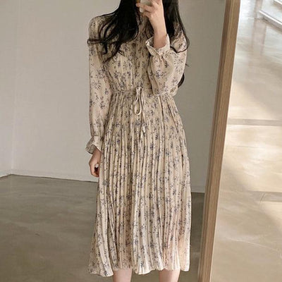ハイネックプリーツフラワーワンピース﻿﻿ 5810-beige_お取り寄せ5810-画像4-韓国ファッション通販POPREA［ポップリア］