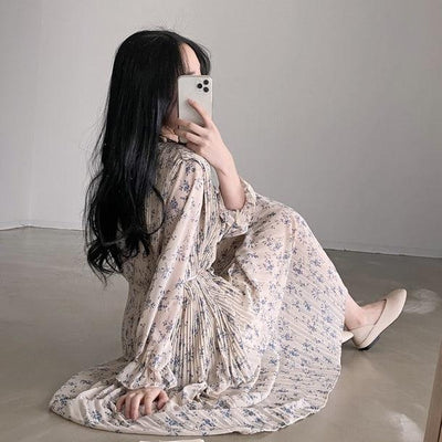 ハイネックプリーツフラワーワンピース﻿﻿ 5810-beige_お取り寄せ5810-画像5-韓国ファッション通販POPREA［ポップリア］