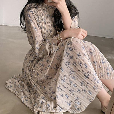 ハイネックプリーツフラワーワンピース﻿﻿ 5810-beige_お取り寄せ5810-画像7-韓国ファッション通販POPREA［ポップリア］