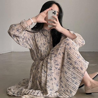 ハイネックプリーツフラワーワンピース﻿﻿ 5810-beige_お取り寄せ5810-画像1-韓国ファッション通販POPREA［ポップリア］