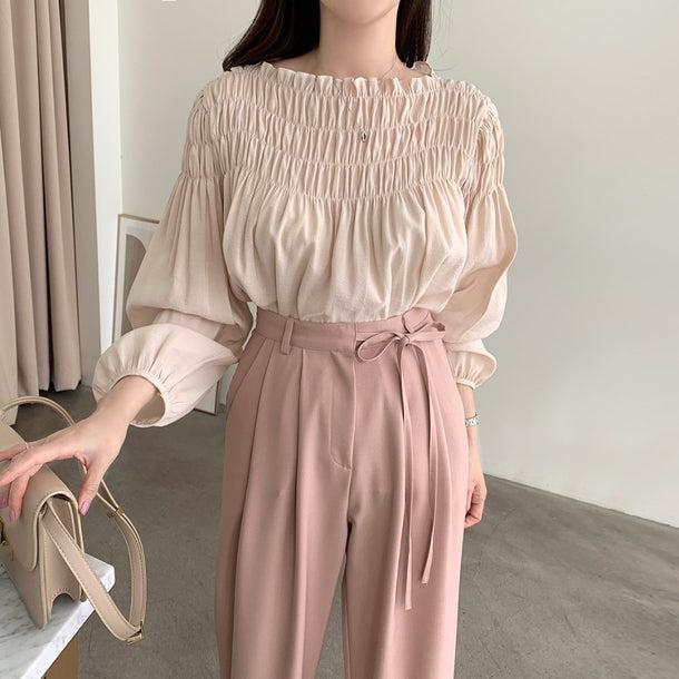 モモカラーギャザーシャツブラウス 5827-pink_お取り寄せ5827-画像10-韓国ファッション通販POPREA［ポップリア］