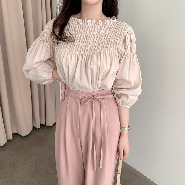 モモカラーギャザーシャツブラウス 5827-pink_お取り寄せ5827-画像2-韓国ファッション通販POPREA［ポップリア］