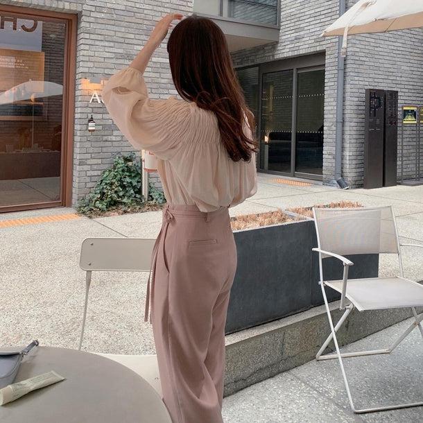 モモカラーギャザーシャツブラウス 5827-pink_お取り寄せ5827-画像3-韓国ファッション通販POPREA［ポップリア］