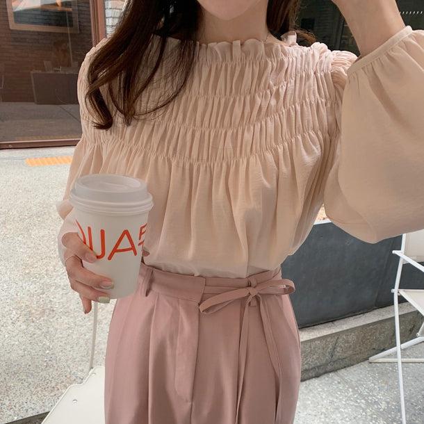 モモカラーギャザーシャツブラウス 5827-pink_お取り寄せ5827-画像4-韓国ファッション通販POPREA［ポップリア］