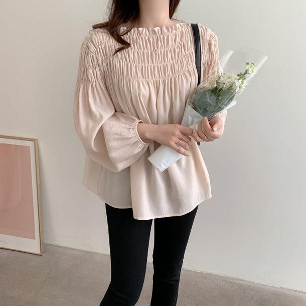 モモカラーギャザーシャツブラウス 5827-pink_お取り寄せ5827-画像5-韓国ファッション通販POPREA［ポップリア］