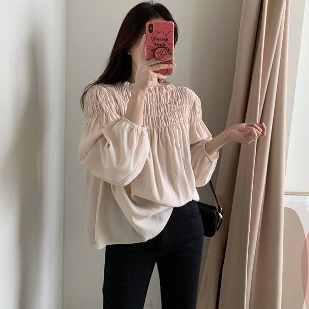モモカラーギャザーシャツブラウス 5827-pink_お取り寄せ5827-画像6-韓国ファッション通販POPREA［ポップリア］