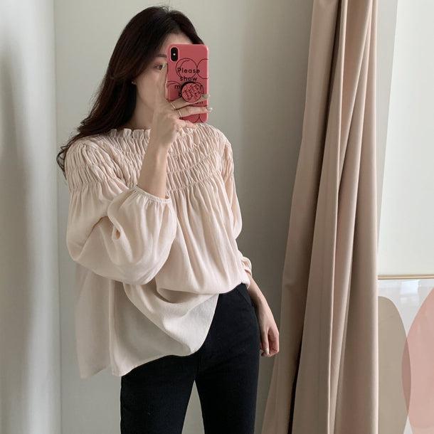 モモカラーギャザーシャツブラウス 5827-pink_お取り寄せ5827-画像7-韓国ファッション通販POPREA［ポップリア］