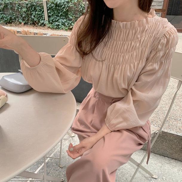 モモカラーギャザーシャツブラウス 5827-pink_お取り寄せ5827-画像8-韓国ファッション通販POPREA［ポップリア］