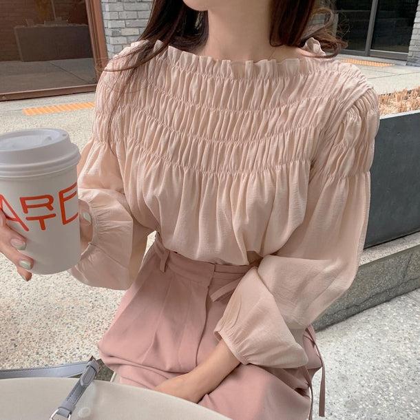 モモカラーギャザーシャツブラウス 5827-pink_お取り寄せ5827-画像1-韓国ファッション通販POPREA［ポップリア］