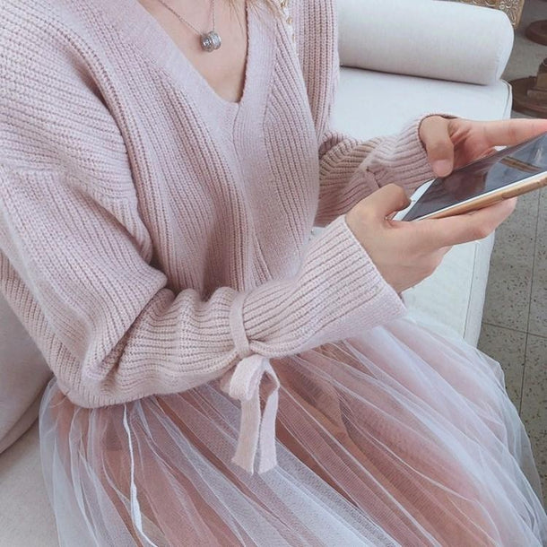 リボンニット＆シフォンロングスカート 1008の商品画像_3