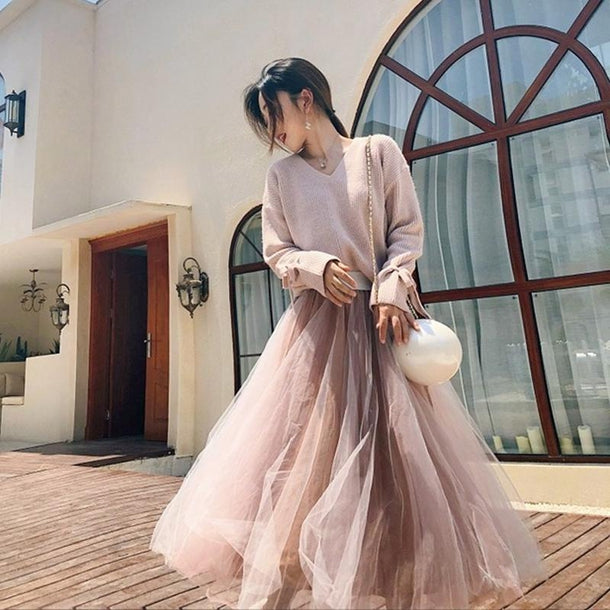 リボンニット＆シフォンロングスカート 1008の商品画像_1