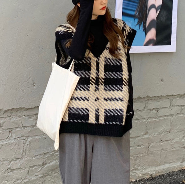 Vネックレトロチェックニット 4298