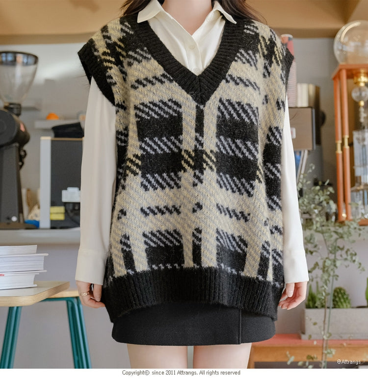 Vネックレトロチェックニット 4298
