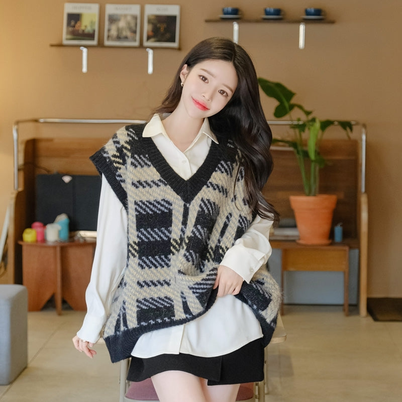 Vネックレトロチェックニット 4298