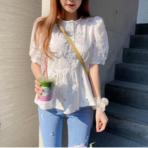 フラワー刺繍パフスリーブブラウス 5203-画像10-韓国ファッション通販POPREA［ポップリア］