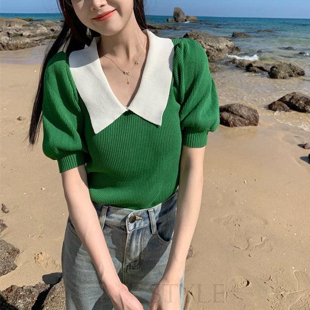 パフスリーブポロリブトップス﻿ 5138-画像10-韓国ファッション通販POPREA［ポップリア］