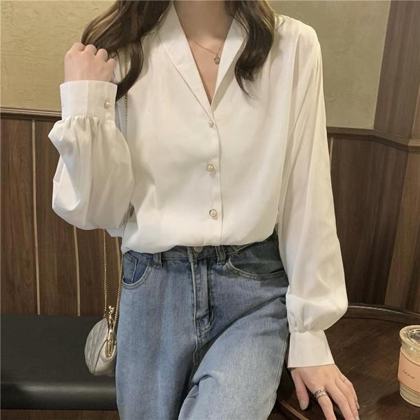 Vネックパールボタンブラウス 4689-画像10-韓国ファッション通販POPREA［ポップリア］