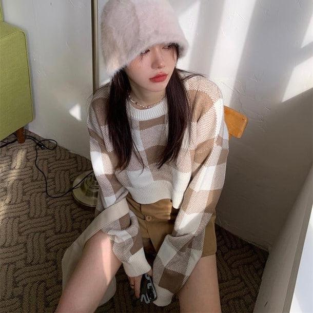 ボックスチェッククロップドニット 5042-画像10-韓国ファッション通販POPREA［ポップリア］