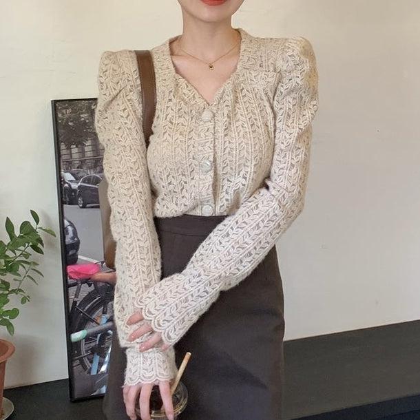 リーフパターンパフスリーブシアーカーディガン 5058-画像10-韓国ファッション通販POPREA［ポップリア］