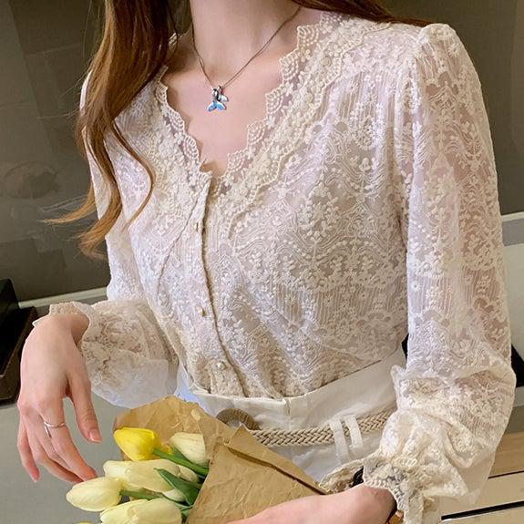 フラワーレースVネックブラウス 4964-画像10-韓国ファッション通販POPREA［ポップリア］