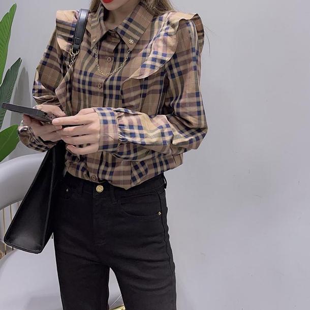 チェック柄フリルシャツブラウス 4826-画像10-韓国ファッション通販POPREA［ポップリア］