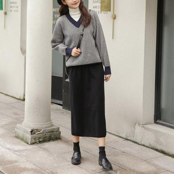 ヘリンボーン柄ハイネックレイヤードニット 4957-画像10-韓国ファッション通販POPREA［ポップリア］