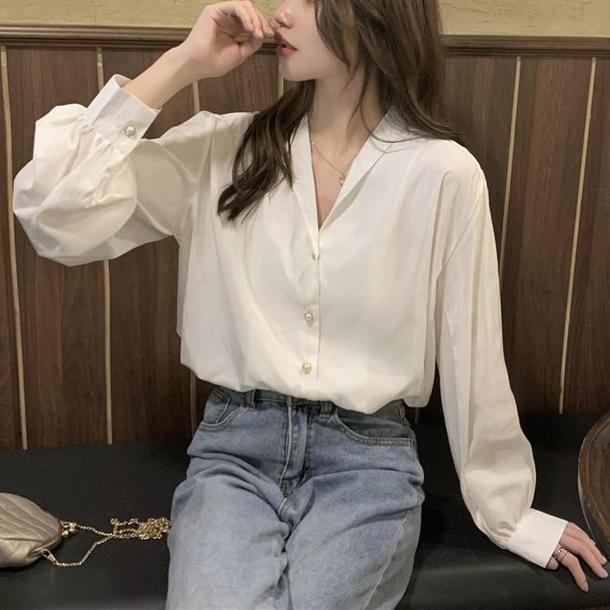 Vネックパールボタンブラウス 4689-画像11-韓国ファッション通販POPREA［ポップリア］