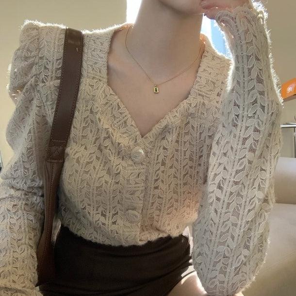 リーフパターンパフスリーブシアーカーディガン 5058-画像11-韓国ファッション通販POPREA［ポップリア］