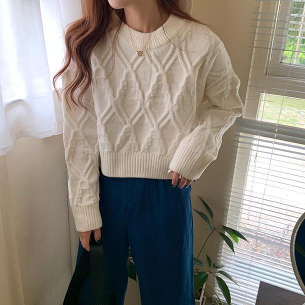 ラウンドネックダイヤ柄ショートニット 4849-画像11-韓国ファッション通販POPREA［ポップリア］