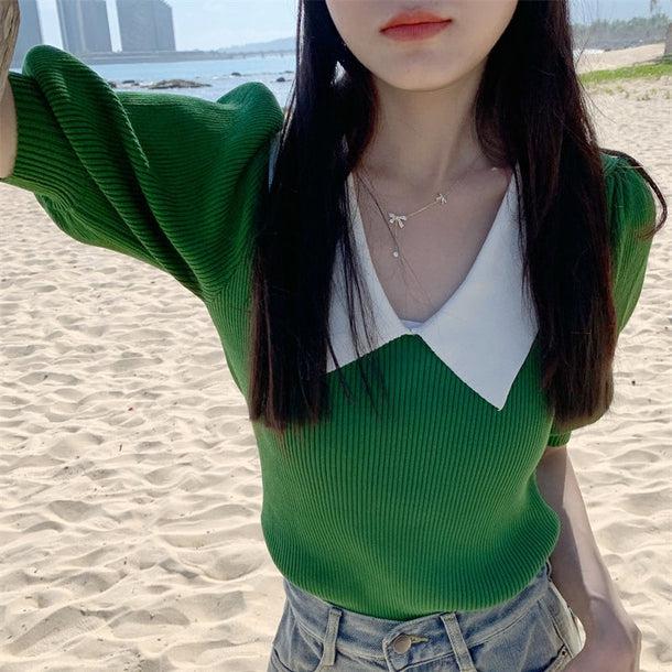 パフスリーブポロリブトップス﻿ 5138-画像11-韓国ファッション通販POPREA［ポップリア］