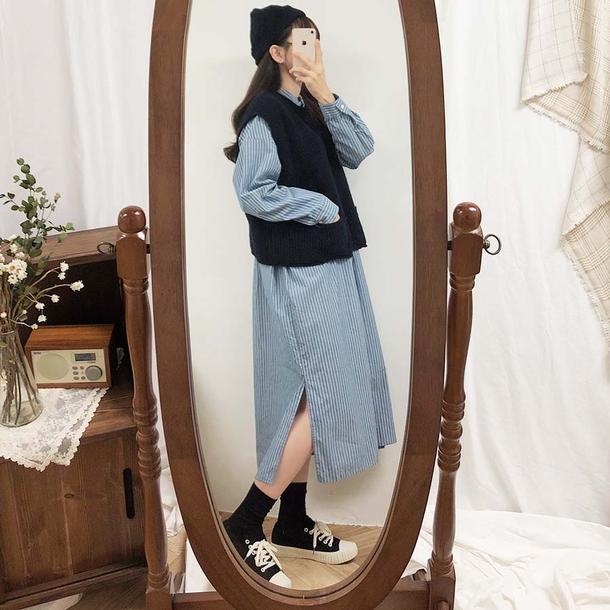 ショート丈ニットベスト＆ストライプワンピース 4745-画像11-韓国ファッション通販POPREA［ポップリア］