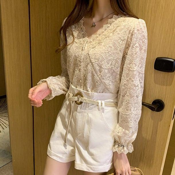 フラワーレースVネックブラウス 4964-画像12-韓国ファッション通販POPREA［ポップリア］