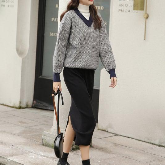 ヘリンボーン柄ハイネックレイヤードニット 4957-画像12-韓国ファッション通販POPREA［ポップリア］