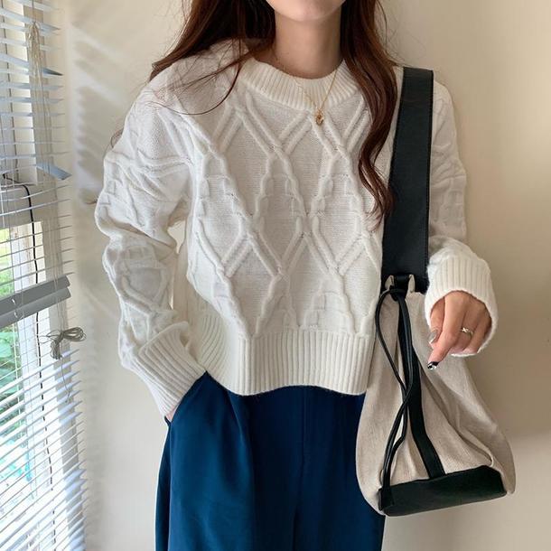 ラウンドネックダイヤ柄ショートニット 4849-画像12-韓国ファッション通販POPREA［ポップリア］