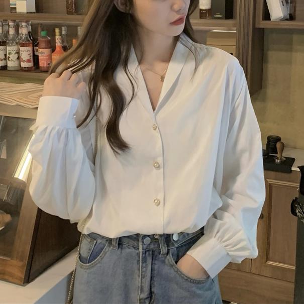 Vネックパールボタンブラウス 4689-画像12-韓国ファッション通販POPREA［ポップリア］