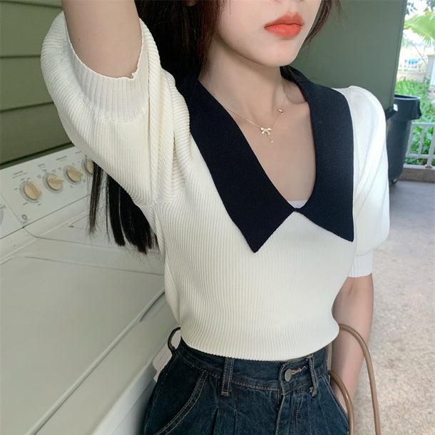 パフスリーブポロリブトップス﻿ 5138-画像12-韓国ファッション通販POPREA［ポップリア］