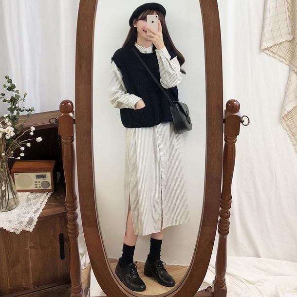 ショート丈ニットベスト＆ストライプワンピース 4745-画像12-韓国ファッション通販POPREA［ポップリア］