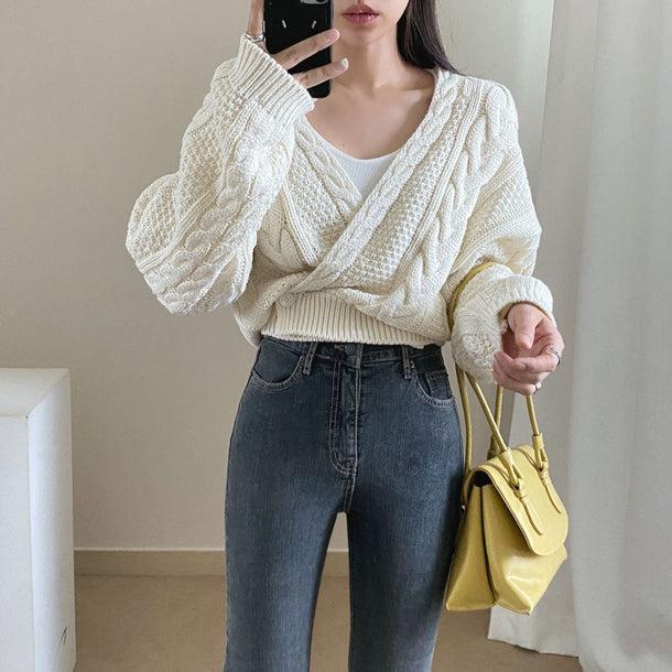 Vネックツイスト編みワンボタンニット 5061-画像12-韓国ファッション通販POPREA［ポップリア］