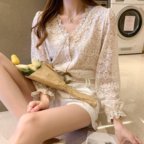 フラワーレースVネックブラウス 4964-画像13-韓国ファッション通販POPREA［ポップリア］