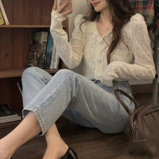 リーフパターンパフスリーブシアーカーディガン 5058-画像13-韓国ファッション通販POPREA［ポップリア］