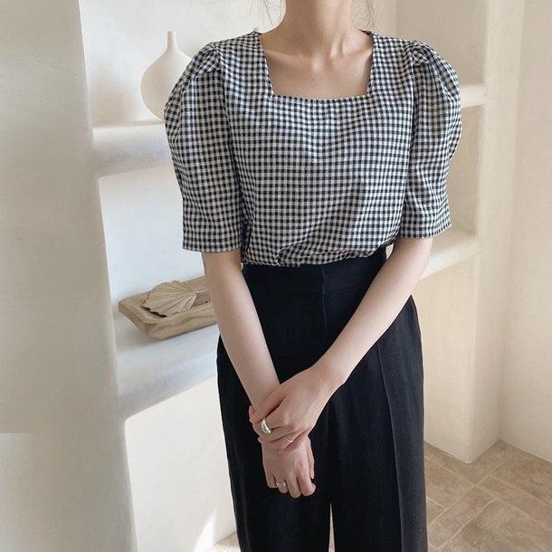 レトロチェックパターンパフスリブラウス 5192-画像13-韓国ファッション通販POPREA［ポップリア］
