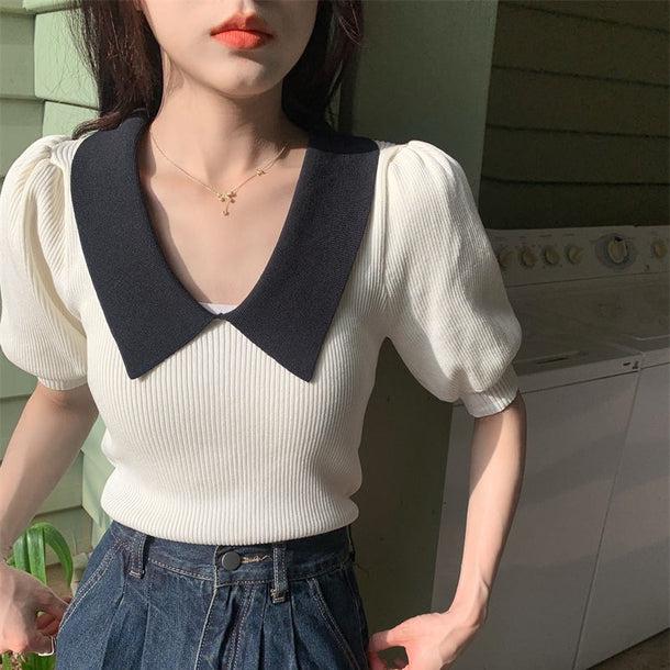 パフスリーブポロリブトップス﻿ 5138-画像13-韓国ファッション通販POPREA［ポップリア］