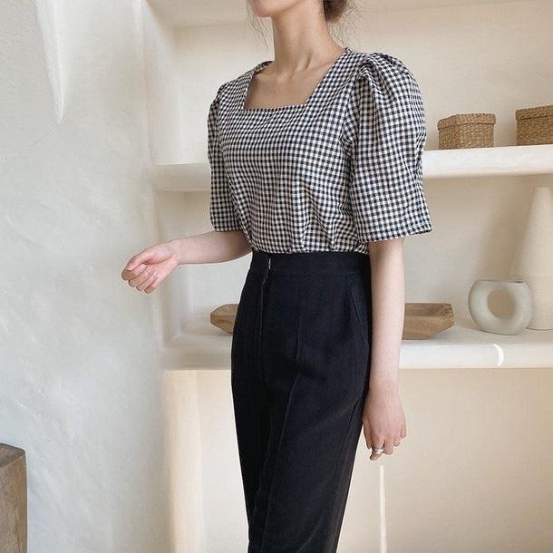 レトロチェックパターンパフスリブラウス 5192-画像14-韓国ファッション通販POPREA［ポップリア］